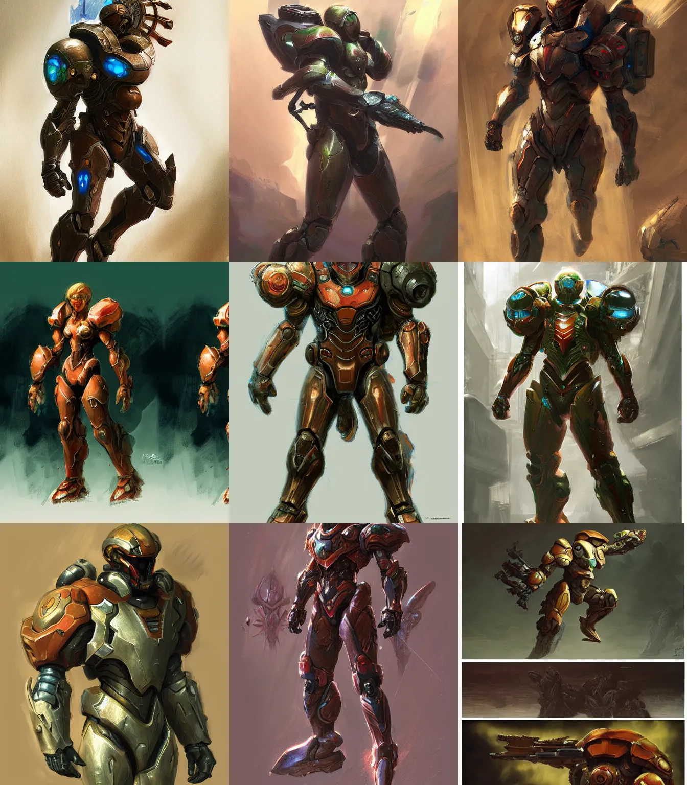 Prompt: metroid video game armor concept art, muted colors, intricate painting, by Craig Mullins, artstation, hyper detailed, cinematic