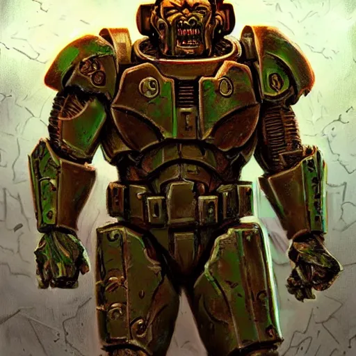 Image similar to portrait of a doomguy from doom, in his battle armor. he's a bodybuilder. visible biceps. gritty cyberpunk, messy blood. skeletons, corpses, monsters, bloated warhammer creatures. combat armor, exoskeleton. game cinematic still. digital illustration by frank frazetta. oil painting, highly detailed, centered, artgerm