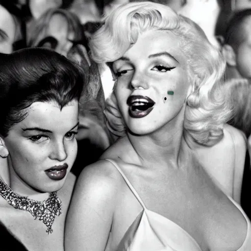 Prompt: marilyn monroe and lana del rey in a movie premiere, photograph, detailed, 60s