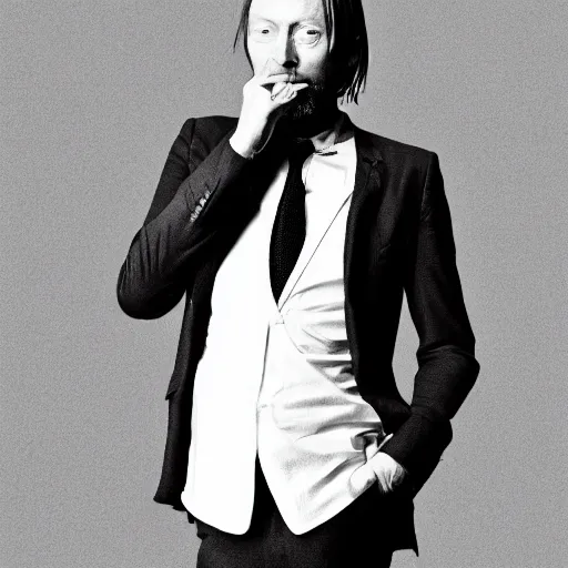 Image similar to a black and white photo of thom yorke in a suit by John E. Berninger, featured on pexels, les nabis, studio portrait, chiaroscuro, ultrafine detail