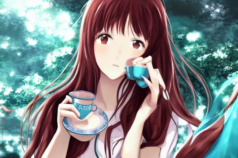 Prompt: Beautiful anime art of Makise Kurisu, Hatsune Miku drinking tea, anime, ultra detailed, wallpaper