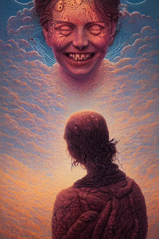 Image similar to 4K Stunningly detailed Ancient Beautiful portrait of a Smile inspired in beksinski and dan mumford work, remixed with Simon Stalenhag work, sitting on the cosmic cloudscape
