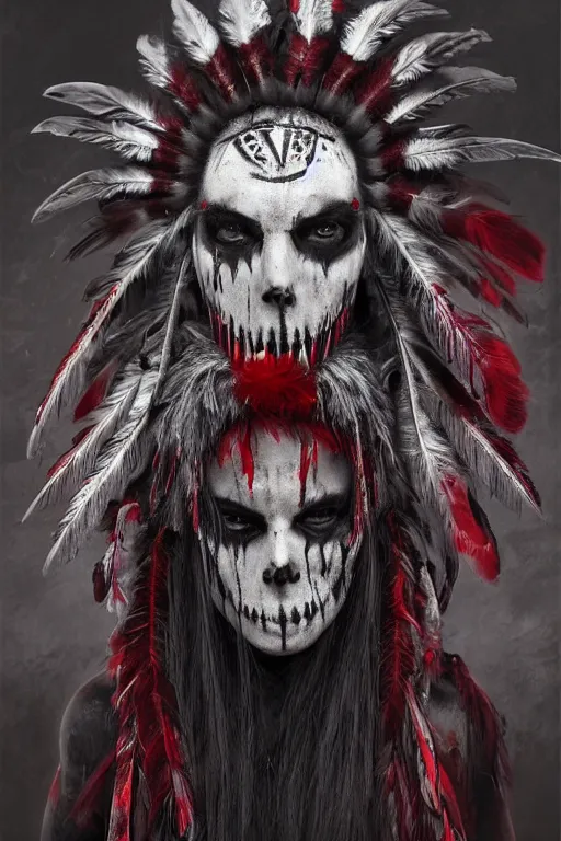 Image similar to the ghost - spirit of the grim - warpaint wears the scarlet skull armor and native blood headdress feathers, midnight fog - mist!, dark oil painting colors, realism, cinematic lighting, various refining methods, micro macro autofocus, ultra definition, award winning photo