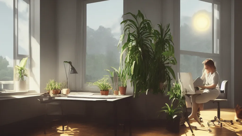 Prompt: peaceful dreamy painting of a sitting at a desk with a black cat, sunshine coming through the window, small plants on the window sill, 8k, hyper realism, trending on artstation, octane render, dynamic lighting