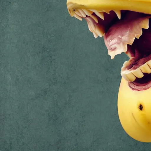 Image similar to a banana with a huge mouth and sharp teeth eating itself