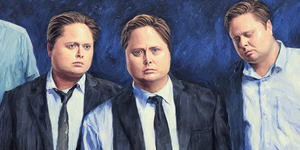 Prompt: Tim Heidecker with a halo standing behind depressed Alex Jones while laying a comforting hand on his shoulder. Oil painting, hyper realistic.