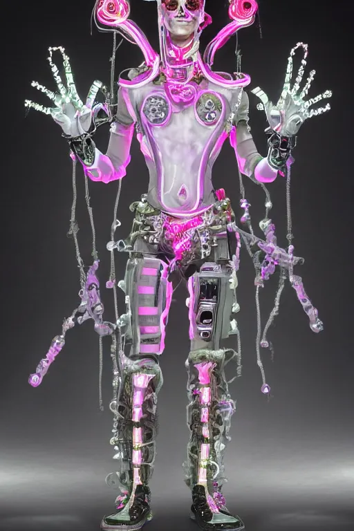 Image similar to full-body rococo and cyberpunk style neon statue of a young attractive guido macho dotado e rico android sim roupa reclining con las piernas abertas e la piroca dura, glowing white laser eyes, prince crown of pink gears, diamonds, swirling silver-colored silk fabric. futuristic elements. full-length view. space robots. human skulls. intricate artwork by caravaggio. Trending on artstation, octane render, cinematic lighting from the right, hyper realism, octane render, 8k, depth of field, 3D