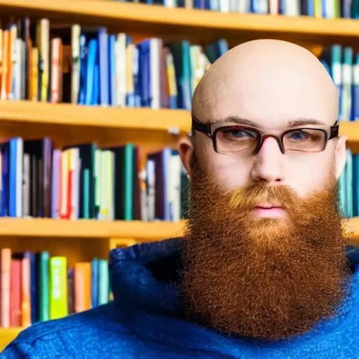 Prompt: 20 year old bald man with a short length full brown beard and vibrant blue eyes sitting with gloom and depression in a dimly lit library with wide shelves. Dark. 8k Photograph. Hyperrealistic