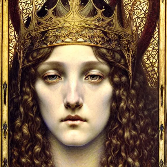 Image similar to detailed realistic beautiful young medieval queen face portrait by jean delville, gustave dore and marco mazzoni, art nouveau, symbolist, visionary, gothic, pre - raphaelite. horizontal symmetry