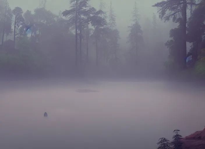 Image similar to swoock lake. a spooky lake always covered by mist and buzzing insects in a forested area. inspired by balaskas christopher