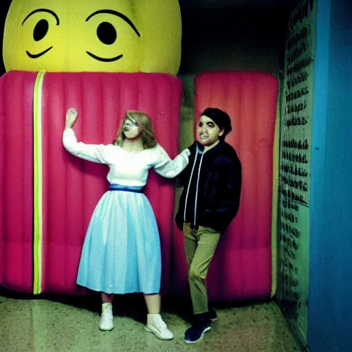 Image similar to teenage girl holds hands with smiley inflatable boyfriend at high school, 1978 color Fellini film, in school hallway, dirty walls, archival footage, technicolor film, 16mm, live action, John Waters, campy