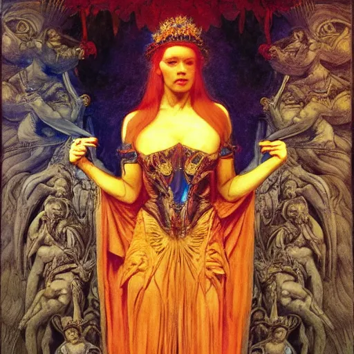 Image similar to the queen of the underworld in full regalia, by Annie Swynnerton and Diego Rivera and Tino Rodriguez and Maxfield Parrish, elaborately costumed, rich color, dramatic cinematic lighting, extremely detailed