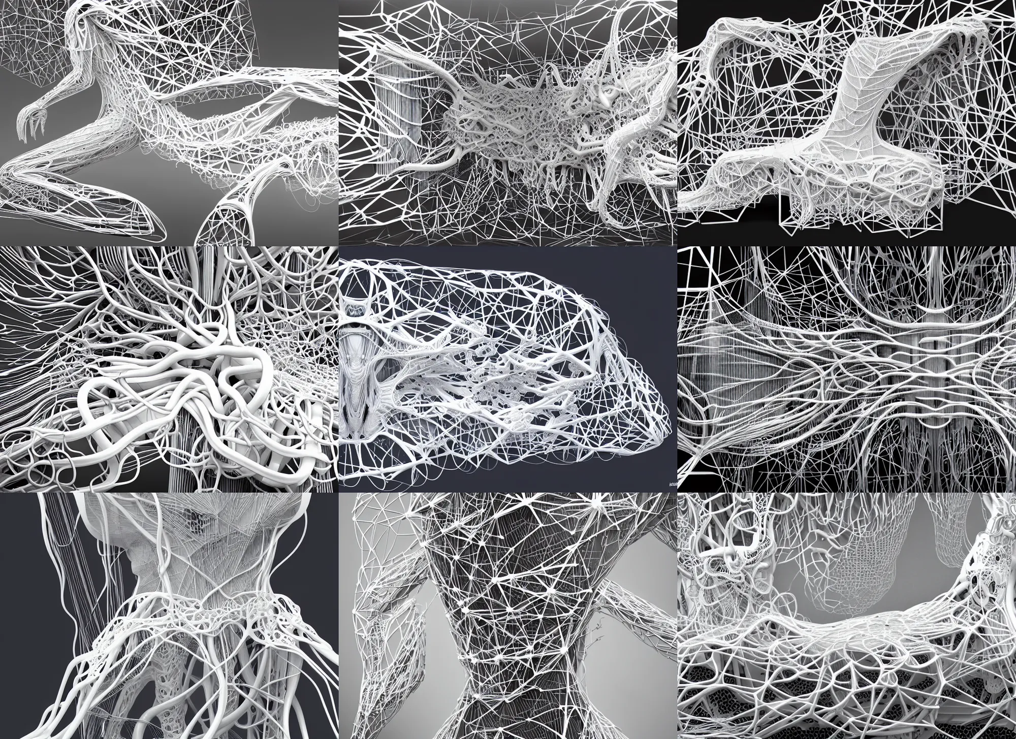 Prompt: forest, frontal view, cyberpunk white sofa in form of complex structure, wires, tubes, veins, white mechanical details, masterpiece, intricate, extremely highly detailed, iris van herpen, vogue, artstation, concept art