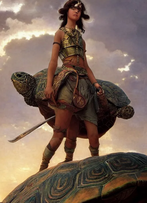 Prompt: a little warrior girl standing on top of one giant turtle in the desert. the girl has dark skin and beautiful green eyes, realistic full body and a very beautiful detailed symmetrical face with long black hair. diffuse light, dramatic sky and landscape, extreme long shot fantasy illustration by mucha