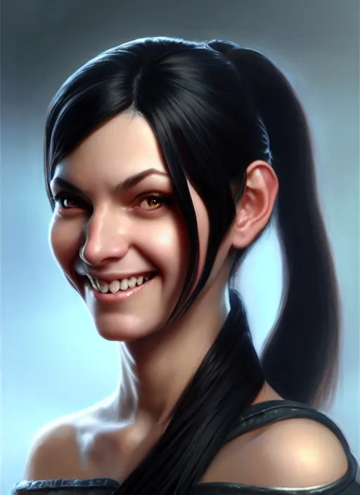 Prompt: a _ fantasy _ style _ portrait _ painting _ of woman, ponytail black hair, smile, round face, engineer rpg dnd oil _ painting _ unreal _ 5 _ daz. _ rpg _ portrait _ extremely _ detailed _ artgerm _ greg _ rutkowski _ greg