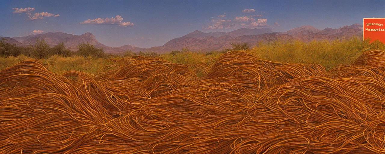 Image similar to spaghetti advertisement, highway 5 0, arizona, sunset, canon 2 0 mm, shallow depth of field, kodachrome, in the style of david hockney