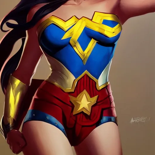 Image similar to greg manchess portrait painting of wonderwoman as overwatch character, medium shot, asymmetrical, profile picture, organic painting, sunny day, matte painting, bold shapes, hard edges, street art, trending on artstation, by huang guangjian and gil elvgren and sachin teng