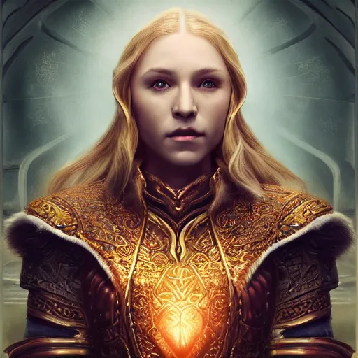 Image similar to the elder scrolls vi, charismatic regal blonde female jarl, portrait, exquisitely designed throne room, atmospheric lighting, painted, intricate, volumetric lighting, beautiful, daytime, slightly sunny weather, sharp focus, deep colours, ultra detailed, by leesha hannigan, ross tran, thierry doizon, kai carpenter, ignacio fernandez rios