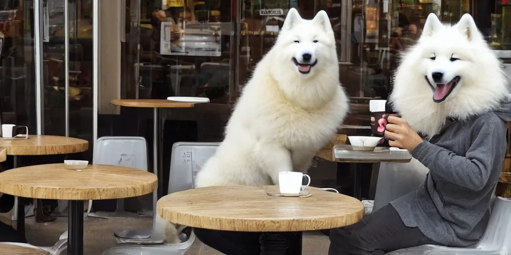 Prompt: a samoyed drinking coffee in the cafe, looks very enjoyable