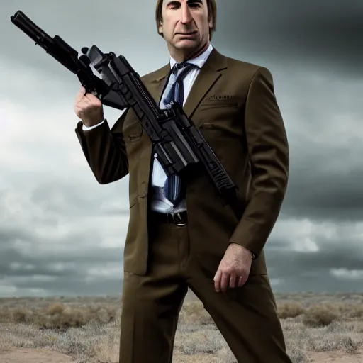 Image similar to Saul Goodman wearing heavy modern military gear and holding a machine gun, highly detailed, 4k