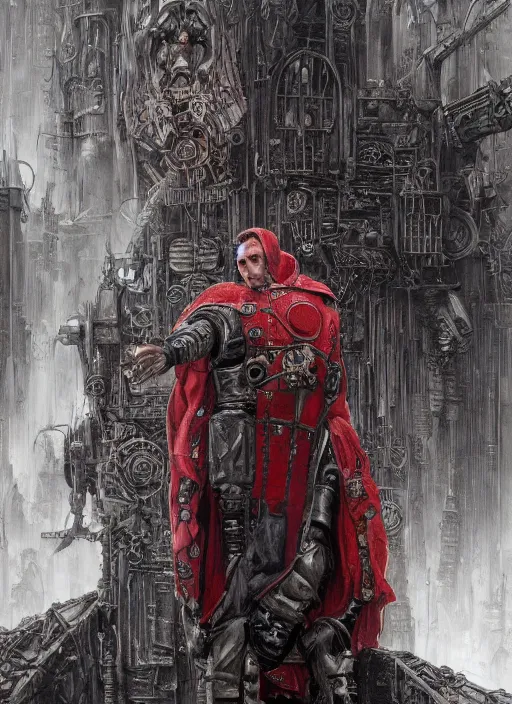 Image similar to portrait of rotten Nicolas Cage as adeptus mechanicus in red hood and robe from Warhammer 40000. Highly detailed, artstation, illustration by and John Blanche and zdislav beksinski and wayne barlowe