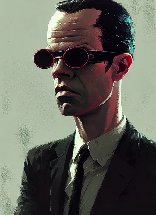 Image similar to highly detailed portrait of agent smith ( matrix ), epic, photographic realistic background, by atey ghailan, by greg rutkowski, by greg tocchini, by james gilleard, by joe fenton, by kaethe butcher, trending on instagram, award winning details