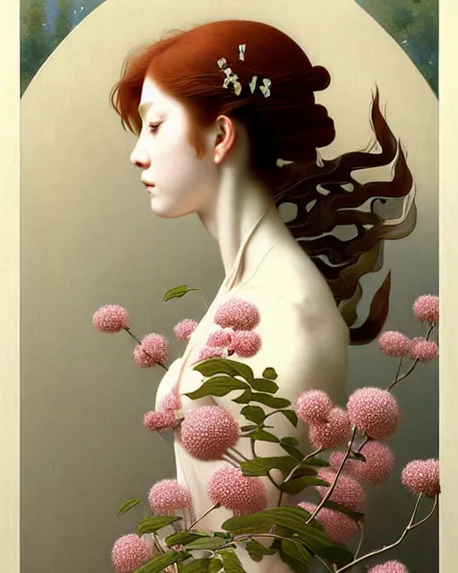 Prompt: Beautiful and playful ethereal ginger portrait, art nouveau, fantasy, intricate flower designs, elegant, highly detailed, sharp focus, art by Hasui Kawase, Camille Corot, Artgerm and Greg Rutkowski and WLOP