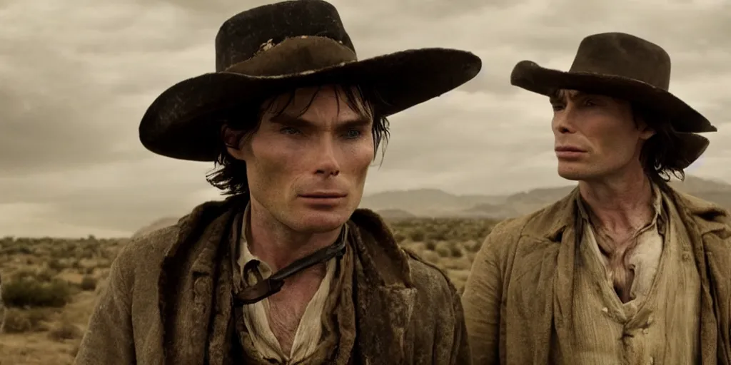 Image similar to rugged bandit cillian murphy in the old west, strangling hank floyd. volumetric lighting, cinematic, dark, grim. directed by coen brothers.