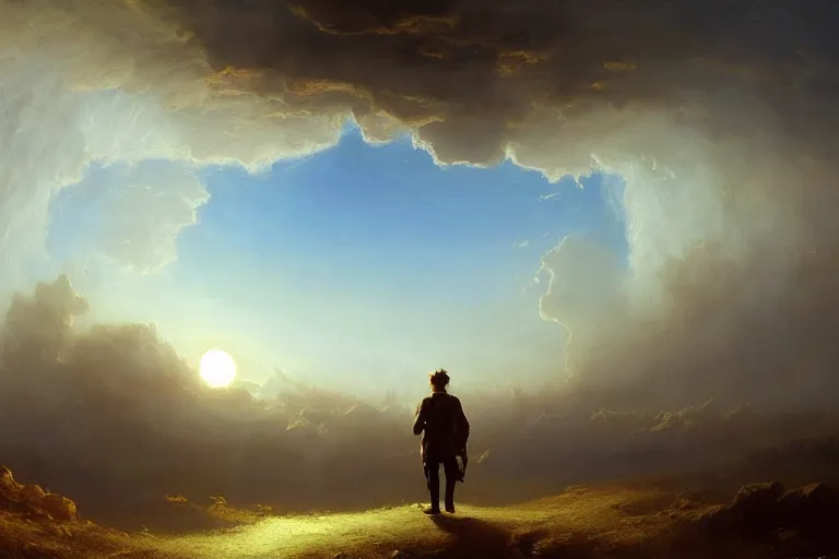 Image similar to a time traveler walking through a portal in the clouds, very detailed, oil painting, cinematic lighting, albert bierstadt, trending on artstation, colorful, canvas, sunset, hans dahl