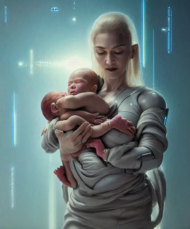 Prompt: realistic detailed photo of futuristic cyborg-madonna holding a newborn baby child in hands , artwork by Tooth Wu and wlop and beeple, greg rutkowski. still from a 2021 movie by Terrence Malick, Tarkovsky, Gaspar Noe, James Cameron,