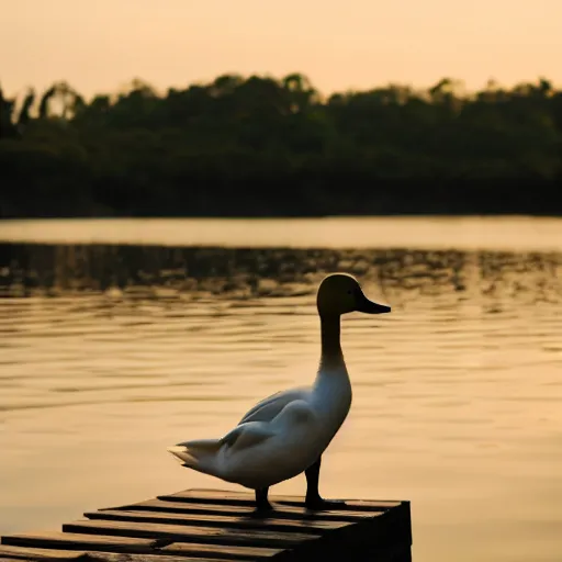 Prompt: standing on the old wooden dock in the early morning, the young boy dressed in jeans and a t - shirt, looked out at the small white duck sitting on the water.