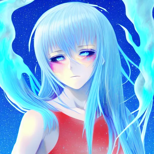 Prompt: glitched and crack sensor, advanced digital anime art, a very cute gorgeous teenage girl with a body made of fire and ice wearing a dress made of water , full body, very long snow colored hair, sky blue highlights in hair, red fiery watery eyes, full round face, dramatic cinematic lighting, highly intricately detailed, trending on pixiv, Artstation, painted by Rossdraws and the style of Sakimimichan