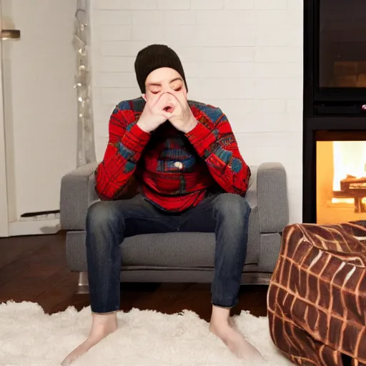 Prompt: pete davidson sitting on a white couch by a fireplace blowing kisses