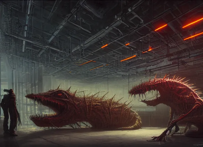 Prompt: scene inside a gas station with harsh fluorescent industrial lighting, giant monstrous aggressive spiked creature screaming at the camera, spikes like needles, needles, thin spikes, epic science fiction horror digital matte painting by Moebius and Mark Brooks (and Greg Rutkowski), extremely detailed, artstation