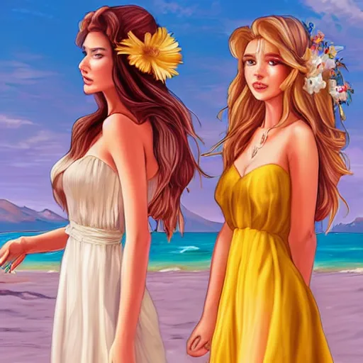 Image similar to two beautiful princesses in sundresses on the beach drawn by artgerm