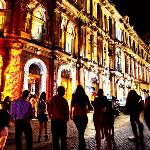 Image similar to glowing diverse groups of humans city nights, from behind, wide angle, elaborate, highly detailed, beautiful lighting