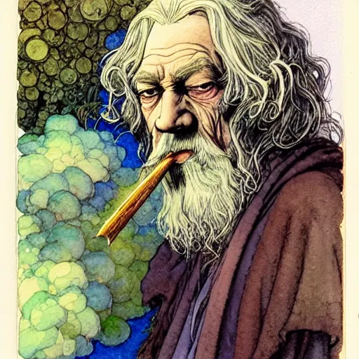 Image similar to a realistic and atmospheric watercolour fantasy character concept art portrait of gandalf smoking weed looking at the camera with an intelligent gaze by rebecca guay, michael kaluta, charles vess and jean moebius giraud