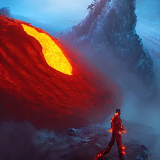 Image similar to a lava man on a winter biome, heatwave, golden hours, fantasy, golden ratio, hyper realism, behance, artstation, unreal engine 5, octane, deviantart