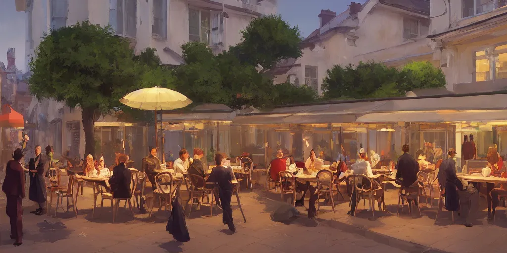 Prompt: posh cafe with terrace few people inside are happily drinking cocktails cheering on huge crowd of people fighting each other by Craig Mullins, ilya kuvshinov, krenz cushart, artgerm trending on artstation by Edward Hopper and Dan Mumford and WLOP, Unreal Engine 5, Lumen, Nanite