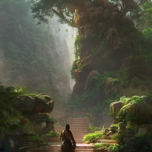 Image similar to concept art of a jungle path with a huge stone woman statue, religious, in the style of fenghua zhong and ruan jia and jeremy lipking and peter mohrbacher, mystical colors, rim light, beautiful lighting, 8 k, stunning scene, raytracing, octane, trending on artstation