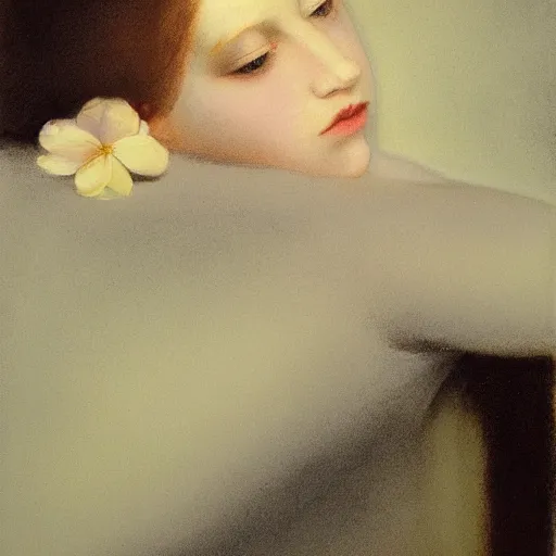Image similar to close up of a girl morphing into flowers, soft watercolor by gottfried helnwein, by hammershøi, art noveau, highly detailed, lights by edward hopper, liminal, eerie, pastel colors, limited palette