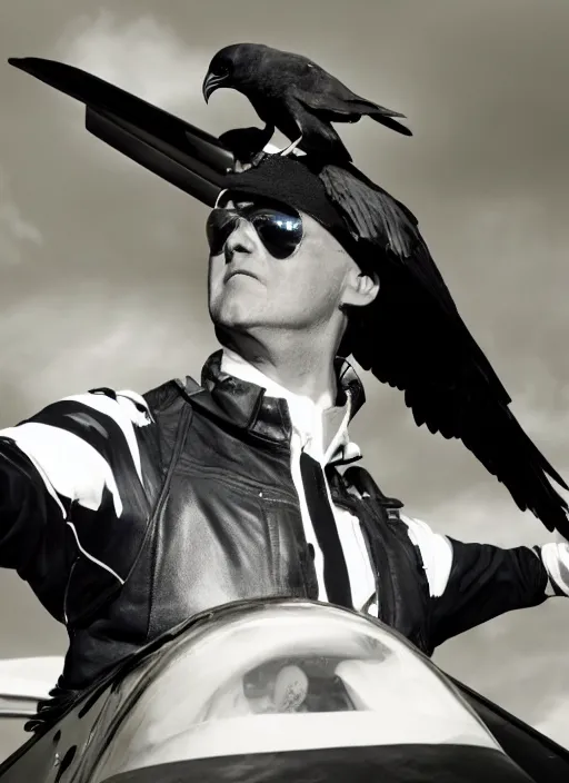 Image similar to a jet pilot with a crow head