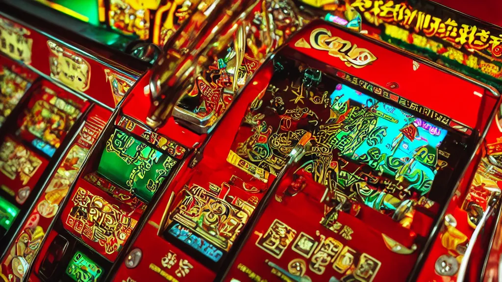 Image similar to up-close shot of a pachinko machine and hands, anime style, yellow red green and brown