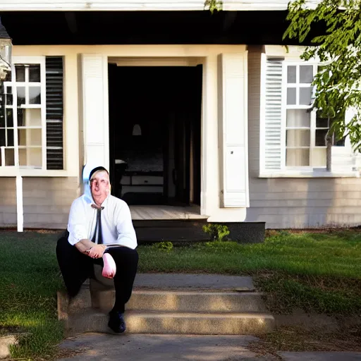 Prompt: A clean-shaven chubby white man wearing a black suit and black necktie and black dress shoes sitting on the porch of his house during golden hour