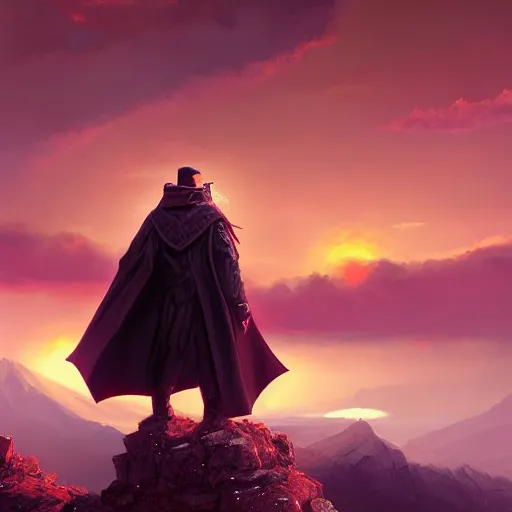 Prompt: A wizard with a black cape overlooking the scenery from a cliff, sunset, red sky, beautiful mountains, sea, digital art, WLOP, CGSociety, fantasy art, Mandy Jurgens