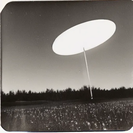 Prompt: polaroid photograph of ufo taken, hanebau, 1 9 5 0 s, black and white, blurry