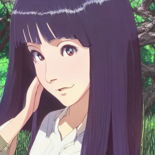 Image similar to Character portrait of a young beautiful woman with long black hair and bangs in a lush park, focus on facial features, large eyes, highly detailed, cel shading, Studio Ghibli still, by Makoto Shinkai and Akihiko Yoshida