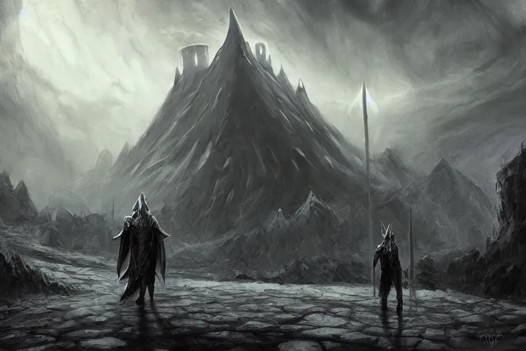 Prompt: concept art mood painting environment painting man walking towards minas morgul ominous dark spectral fortress lord of the rings. style of, ryan church, jon mccoy, george hull, painting