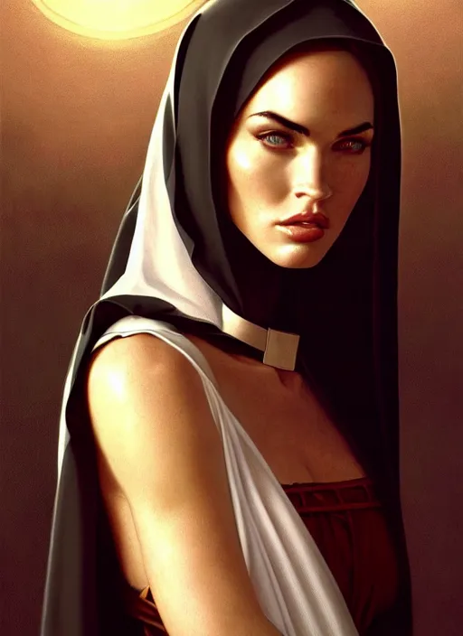 Image similar to portrait of megan fox as a sultry nun, bible, catholic, religion, cross, prayer, intricate, headshot, highly detailed, digital painting, artstation, concept art, sharp focus, cinematic lighting, illustration, art by artgerm and greg rutkowski, alphonse mucha, cgsociety