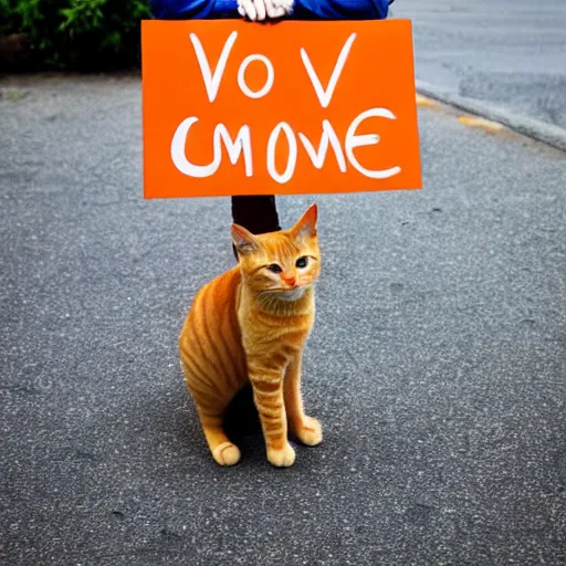 Image similar to orange tabby cat holds sign that says